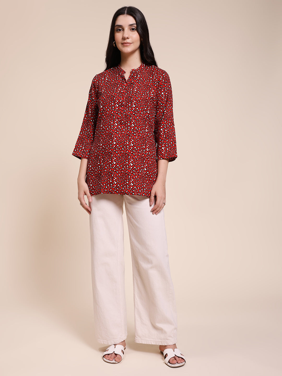 PLEASTED LEOPARD RED TOP