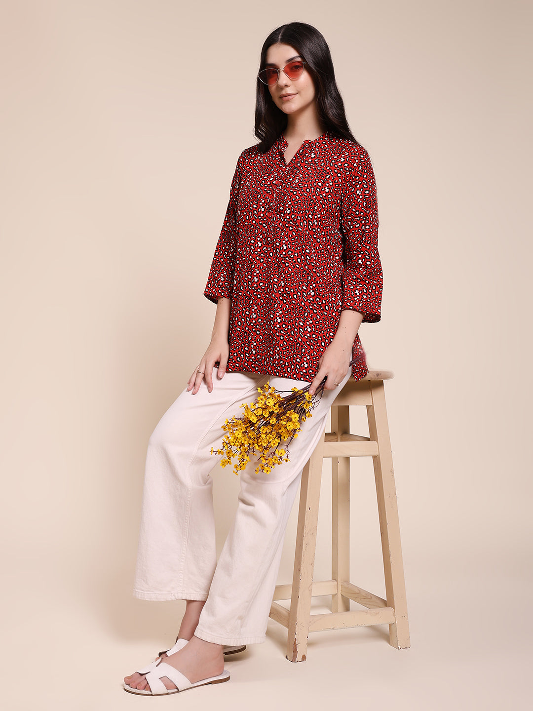PLEASTED LEOPARD RED TOP